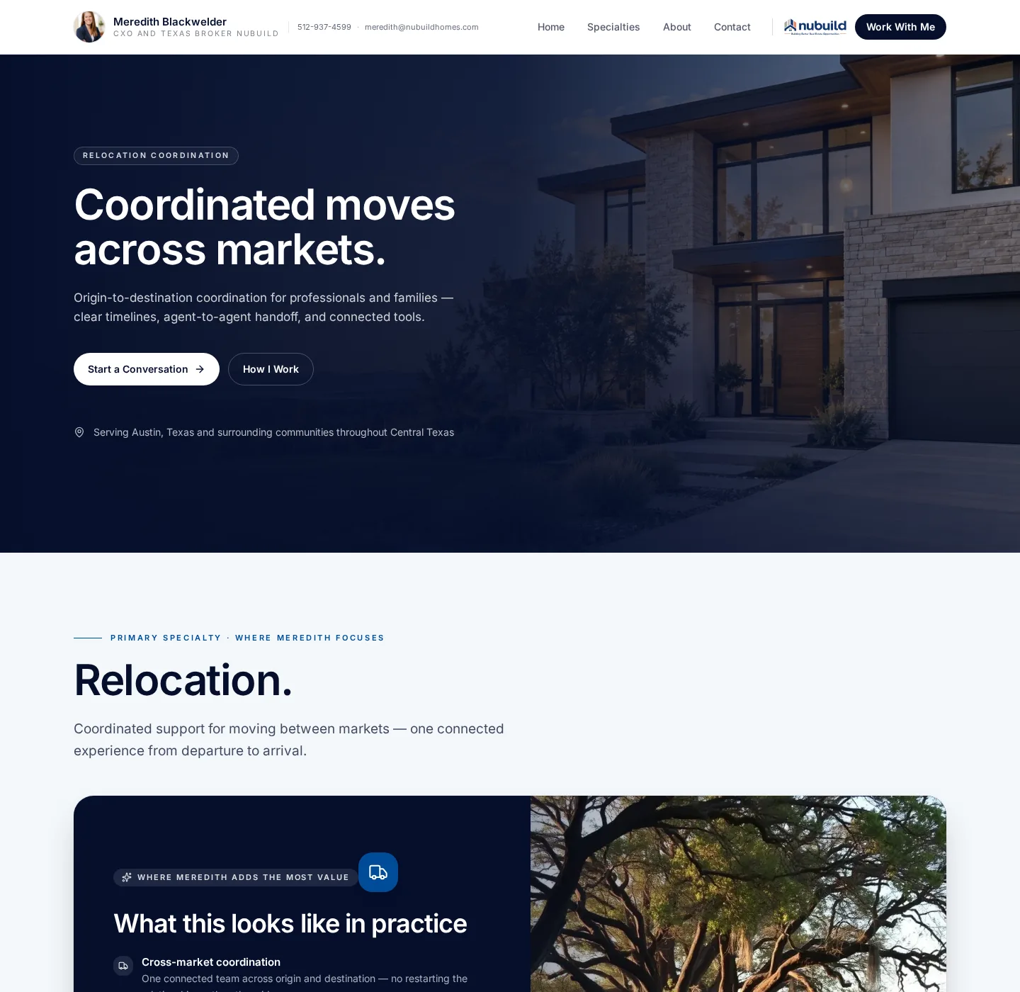 Live Nubuild agent website for Meredith Blackwelder: dark full-bleed hero reading Coordinated moves across markets, followed by a Relocation specialty section