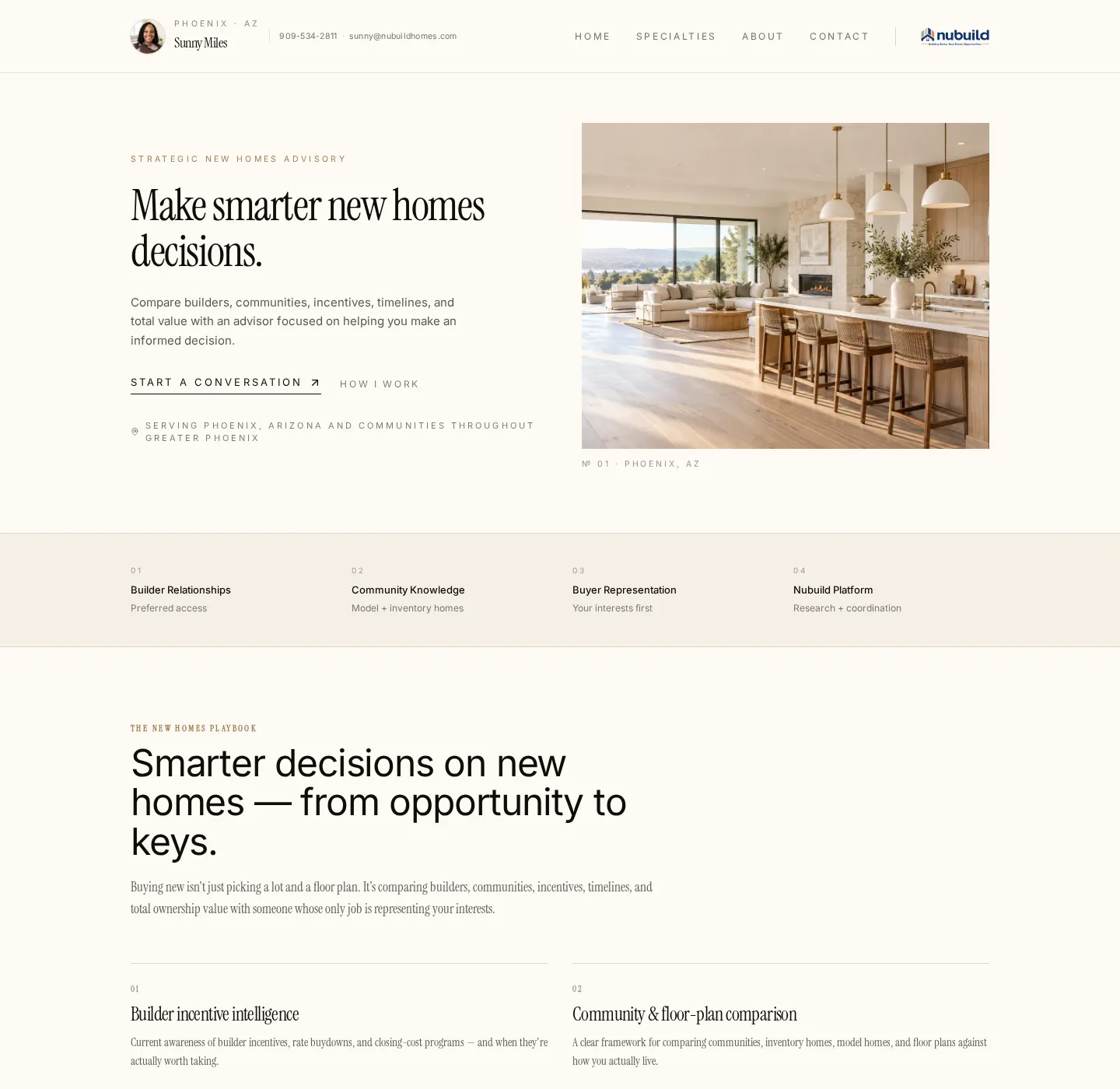Live Nubuild agent website for Sunny Miles: warm cream editorial split hero reading Make smarter new homes decisions with an interior photo, followed by a new homes playbook section